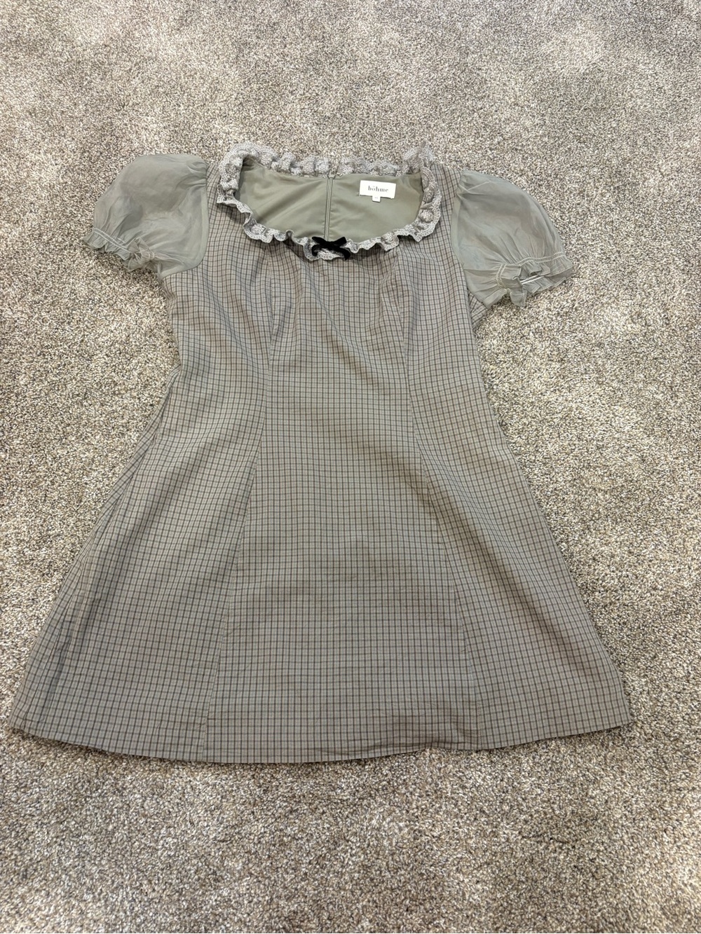 bohme Sage Green Checked Ruffle Mini Dress